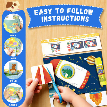 Toddler Scissor Skills Activity Book, 4 Progressive Levels to Learn Cutting for Kids Ages 3-6, 27 Fun Crafts with Child-Safe Scissors, Develop Fine Motor Skills, Ideal Christmas Gift & Arts and Crafts