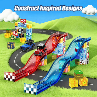 tinytrek Magnetic Tiles Race Track Set, 52PCS STEM Educational Magnetic Building Blocks with 2 Race Cars, Montessori Sensory Travel Toys for Kids 3 4 5 6 7 8, Birthday for Boys & Girls