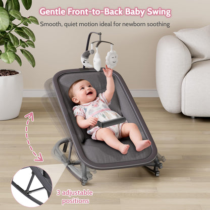Jojoka Baby Swing for Infants, 3-Position Recline Baby Rocker with Toy Bar, Portable Infant Swing Chair with Lockable Stationary Mode, Lightweight Aluminum Frame, Grey