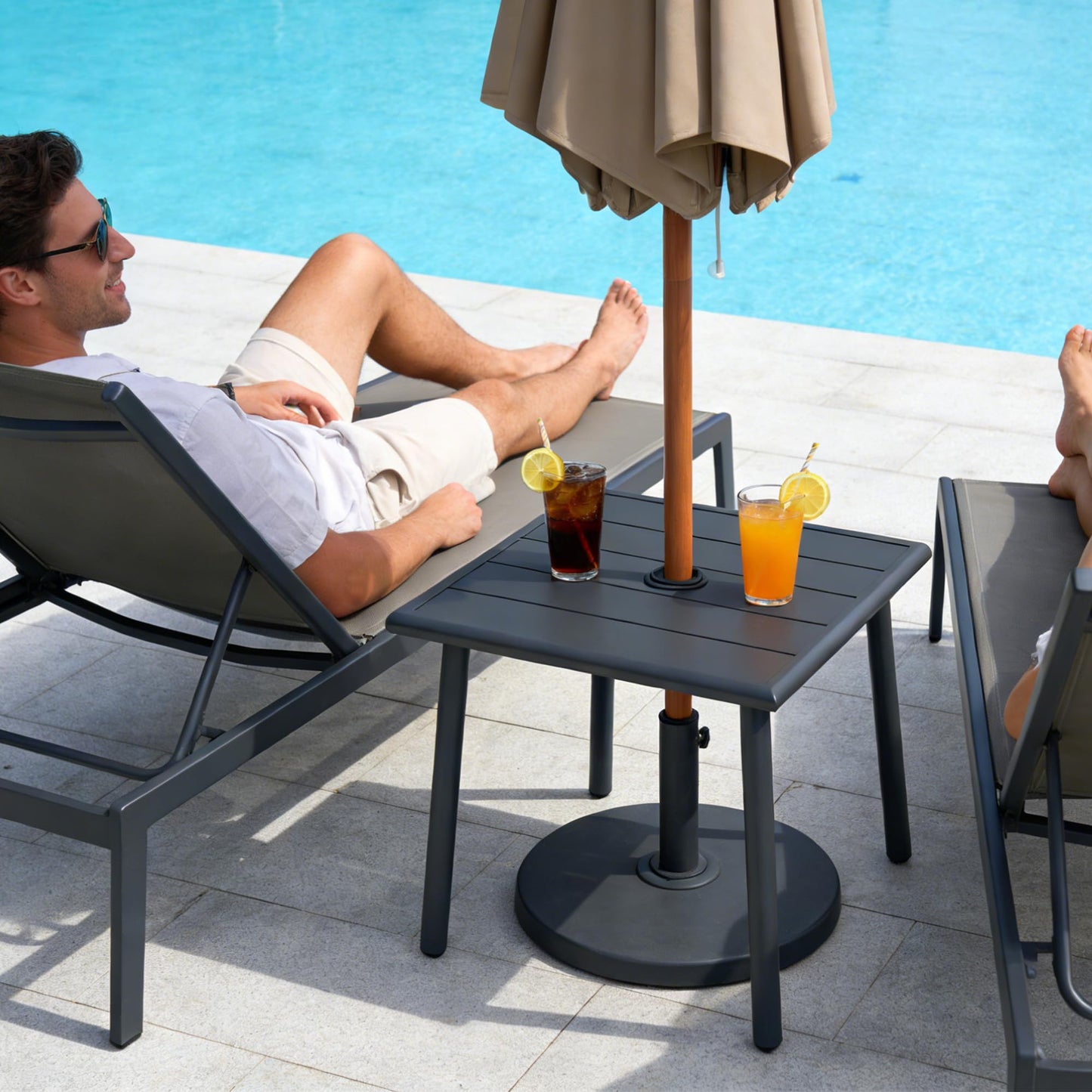 UFavo Home Small Metal Outdoor Side Table with Umbrella Hole, Sqaure Patio Coffee Bistro Table End Table, Umbrella Table with Hole for Poolside Backyard Porch Deck Balcony,19.7x19.7 inches, Gray