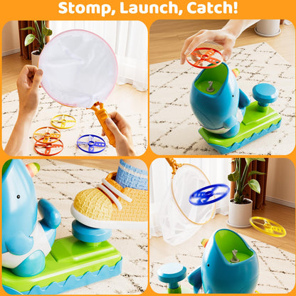 Flying Disc Launcher Outdoor Toys with 1 Whale Launcher, 24 Flying Discs, 2 Butterfly Nets and 2 Protective Glasses, Outside Toys for Kids Ages 3-5 6-8 Boys Girls Chasing Catching Games Birthday Gifts