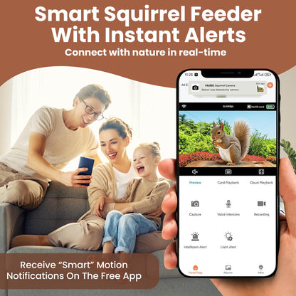 FAUBIC Squirrel Feeder with Camera - Includes Solar Powered Panel - Burned Pine Squirrel House with Anti-Chew Cable Protector - Smart Squirrel Feeder 160° HD Night Vision - 2.4Ghz WiFi Squirrel Camera