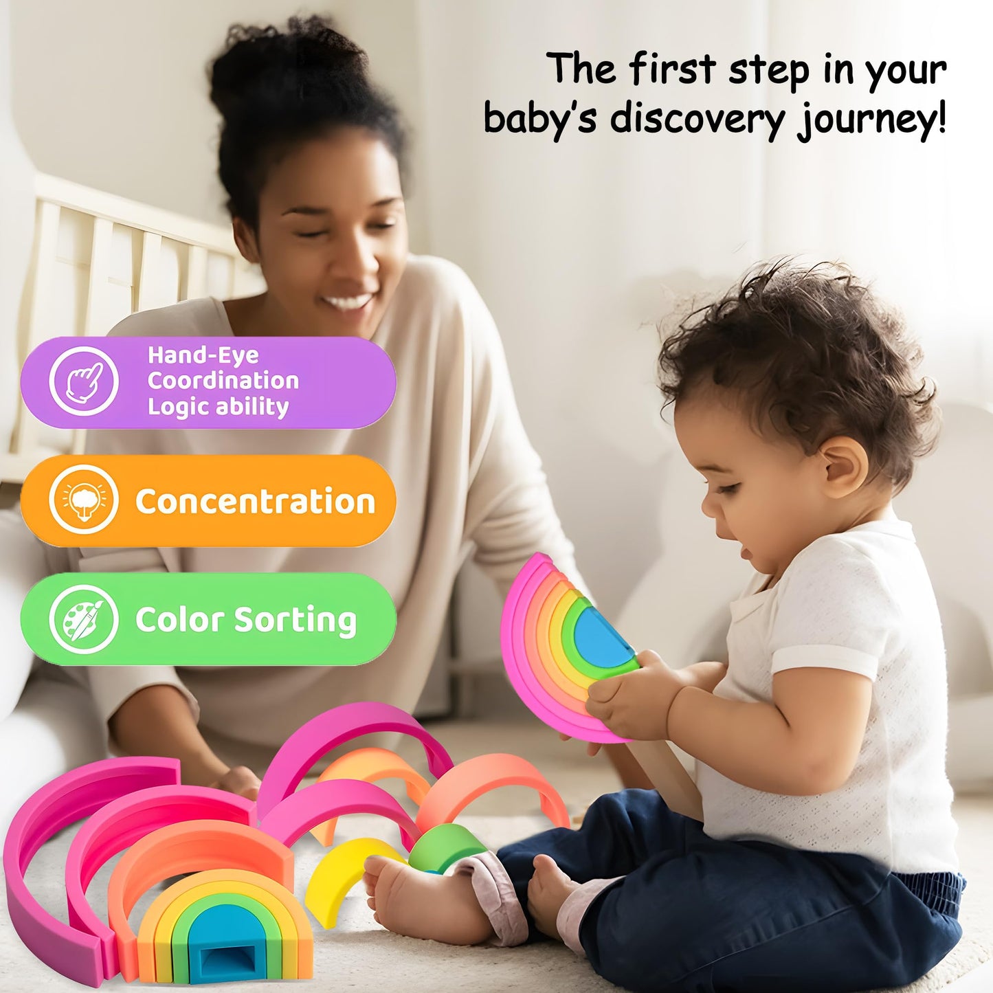 ROHSCE Sensory Toys for Babies Bundle - Textured Baby Balls & Wheat Straw Rattle + Silicone Rainbow Stacker, Montessori Nesting Blocks Soft Building Toys (7CPS), Baby 6-12 Months, Toddler Toys 1-3