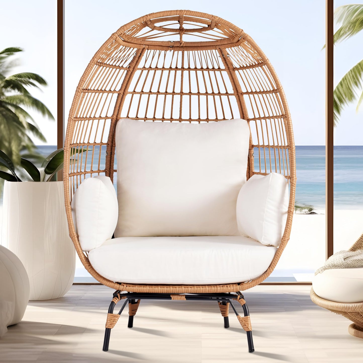 OTSUN Outdoor Egg Chair, PE Wicker Chair with 4 Thicken Cushions, Patio Chairs 440 lbs Capacity, Oversized Balcony Chairs with Durable Steel Frame Perfect for Balcony, Backyard, Bedroom-Ivory