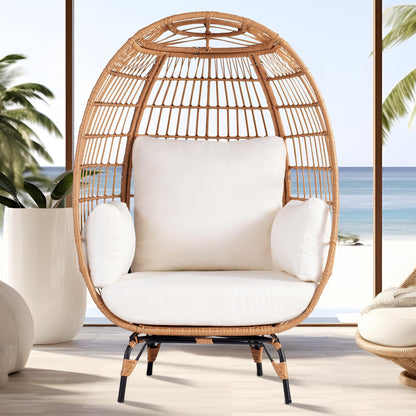 OTSUN Outdoor Egg Chair, PE Wicker Chair with 4 Thicken Cushions, Patio Chairs 440 lbs Capacity, Oversized Balcony Chairs with Durable Steel Frame Perfect for Balcony, Backyard, Bedroom-Ivory