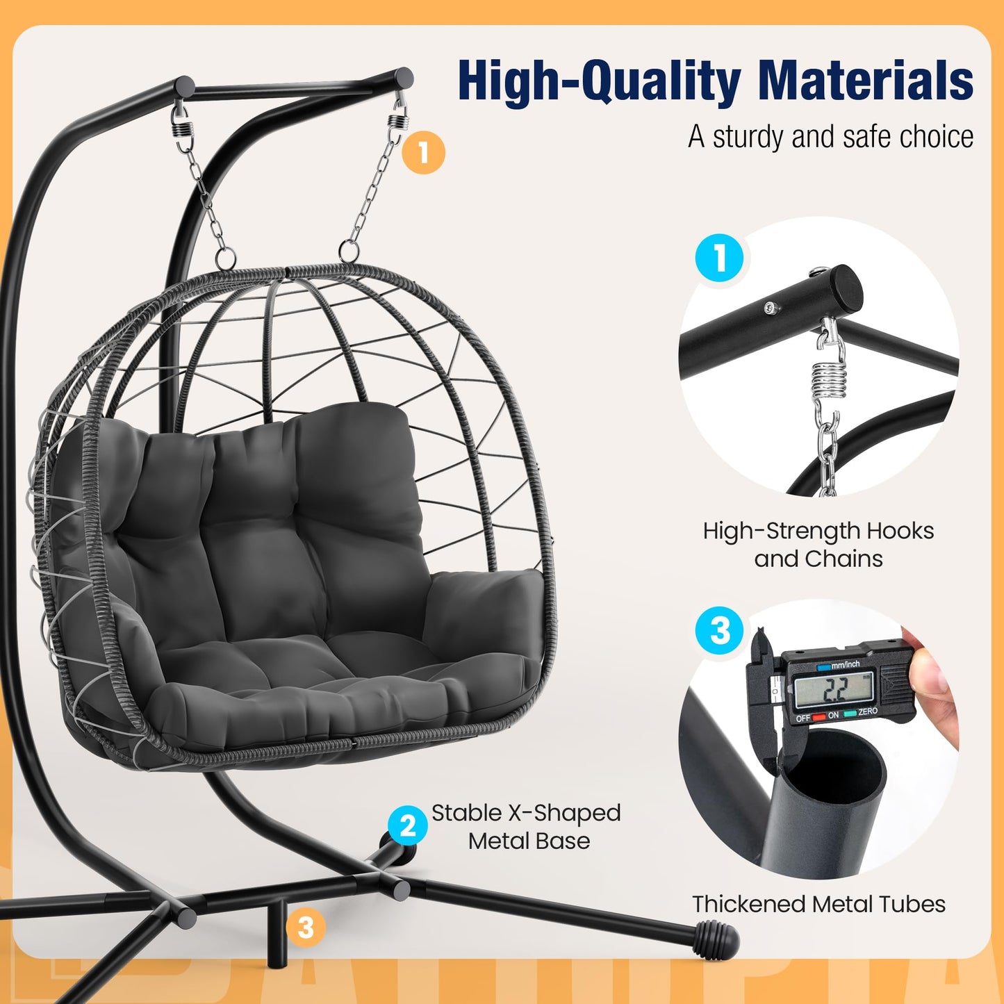 Pamapic 700 LBS Double Egg Chair Outdoor, UV Resistant Cushions Hanging Egg Chair with Armrests & Headrest, Thick Steel Frame Egg Swing Chair with Stand, for Relaxing & Reading Outside/Inside(Grey)