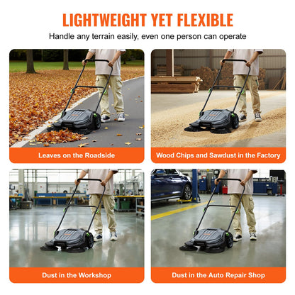 VEVOR Walk-Behind Hand Push Floor Sweeper, 25.6" Sweeping Width Floor Sweeper Manual Non-Electric, 5-Gallon Waste Container, Angle & Height Adjustable Folding Handle for Walkway, Yard, Garage, Patio