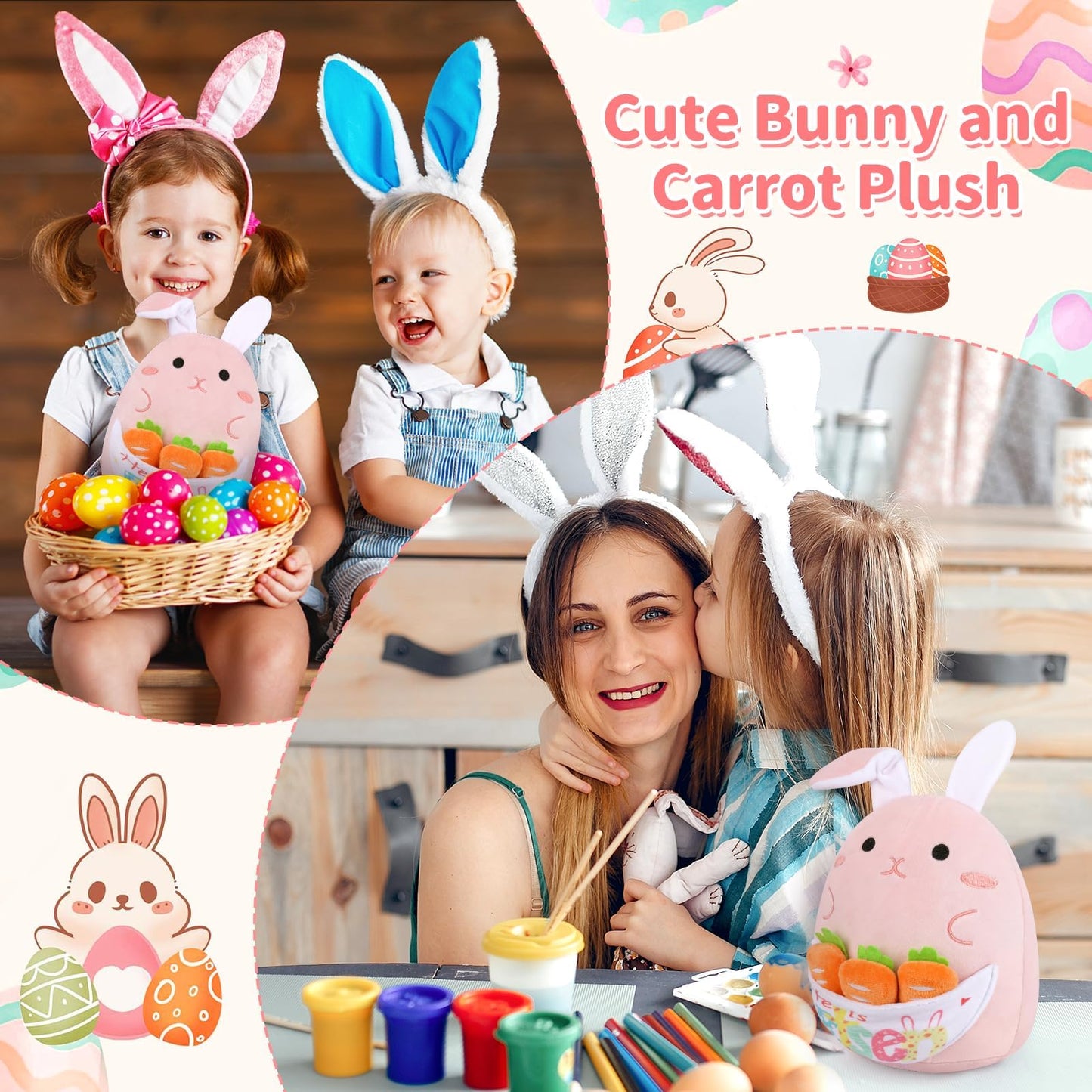 Prewplam Easter Bunny Stuffed Animal, Soft Bunny Plush with 3 Pcs Carrot Stuffed Animals, Cute Rabbit Plush Toys Gifts for Kids Girls Boys (Pink)
