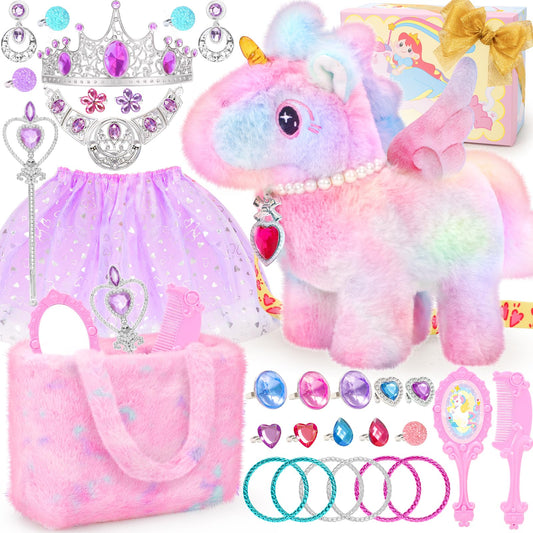 Tagitary Interactive Unicorn Plush Toy with Glowing Horns, Walking Pony Realistic Stuffed Unicorn with Kids Dress Up & Pretend Princess Jewelry Toys,Christmas Birthday Gift Party Favors for Toddlers