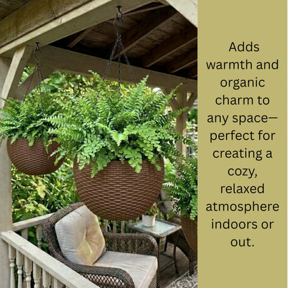 LaLaGreen Hanging Planters for Indoor Plants (11 Inch, 4 Pack) Brown Rattan Style Self-Watering Flower Pots with Water Level Indicator, Round Plastic Baskets with Metal Chain for Balcony, Porch Garden