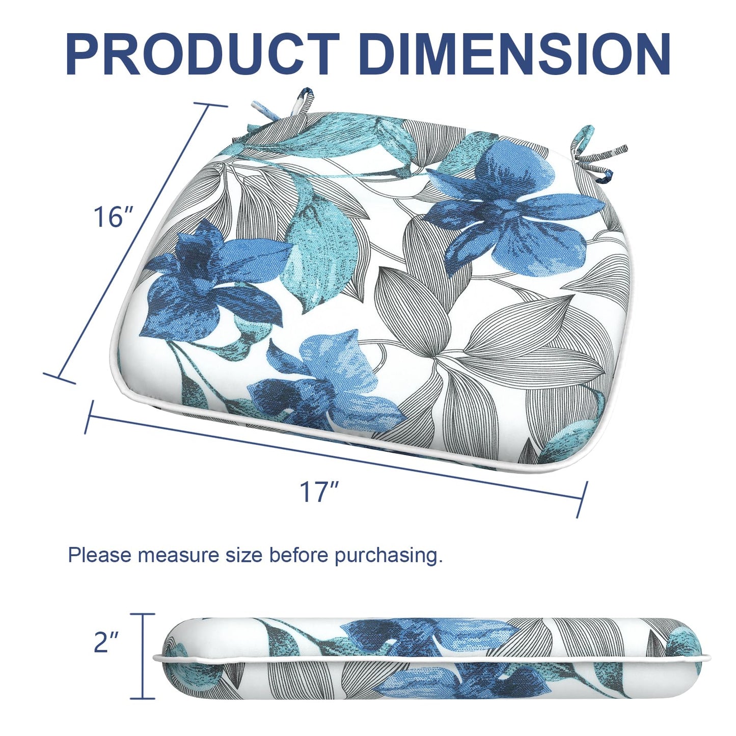 Melody Elephant Outdoor Chair Cushions Set of 4, Water Resistant Patio Chair Pads with Ties, Seat Cushions for Home Garden Furniture Decoration, 16"x17", Clemens Noir Blue