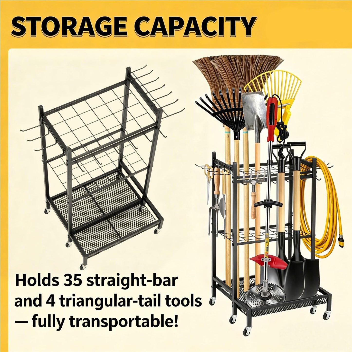 Garden Tool Organizer Rack with Wheels Up to 30-35 Tools, Heavy-Duty Steel Yard Tool Organizer for Garage Storage with 11 Hooks, Broom Holder & Garden Tool Rack for Shed, Patio, Lawn, Outdoor, Black