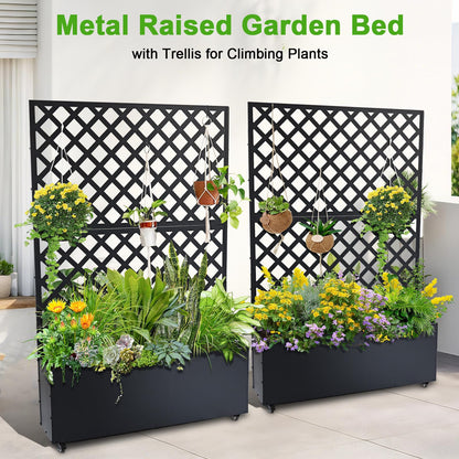 GarveeLife Metal Planter Box with Trellis, 73"x47"x12" Raised Garden Bed with Privacy Screen, Galvanized Steel Outdoor Planter Box with Drainage Holes for Climbing Plants Flowers Vegetables, Black