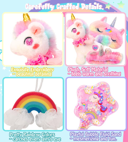 LSSAGOON Unicorn Birthday Plush Toy Gifts Gift Set for Girls Age 3-5 6-8 9-12,Bath Toys Gifts Set with Bath Towels,Headband,Bath Sponge,Sleep Mask,Comb etc.for Christmas,Easter Gifts