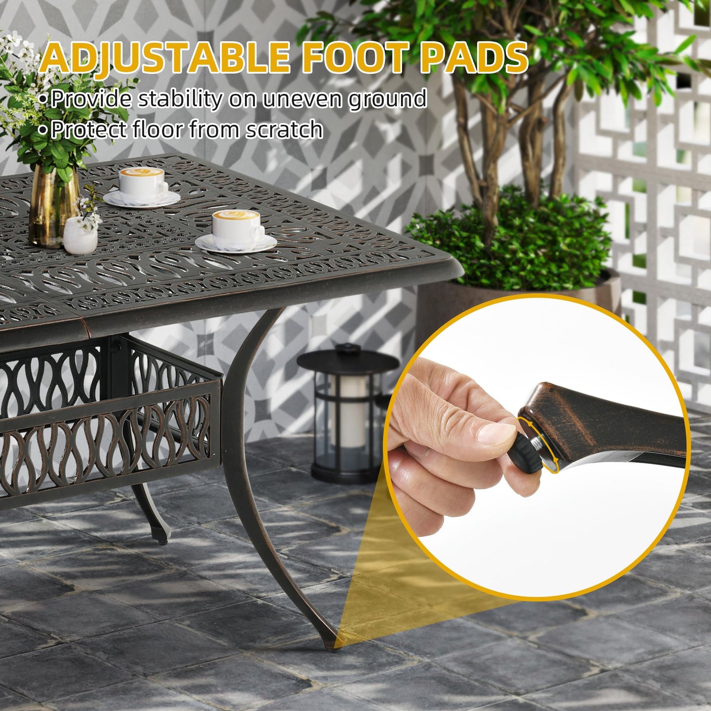 DWVO Cast Aluminum Outdoor Dining Table, 59'' Patio Table w/Max Bearing 220 LBS, Patio Dining Table with 2" Umbrella Hole and Adjustable Foot Pads for Garden, Backyard, Deck and Patio, Bronze
