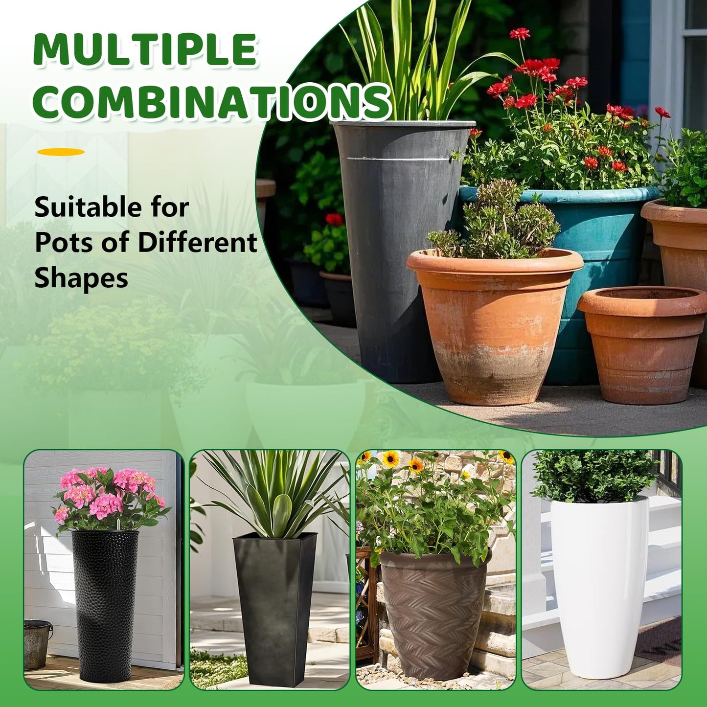 YLSAZL 2 Pack Adjustable Height Plant Risers for Inside Pots,11-17" Rise Plant Risers for, Indoor & Outdoor Insert with, Tall Square Round Taper Planter with 6''8" 10" Base & Top（Black - Short）