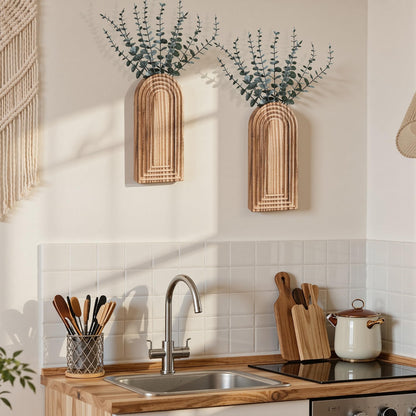 Wooden Wall Vase Set of 2, Wall Hanging Planter Modern Farmhouse Wall Decor for Boho Wall Decor for Indoor Entryway Hallway Bathroom Living Room Dining Room