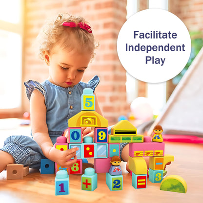 ROHSCE Baby Soft Blocks 34 PCS + Montessori Busy Board, Blocks 6-12 Months, STEM Stacking Toys, Sensory Activity Board Toddlers 1-3, Lights & Music, Travel Toy Airplane/Car, Gifts for Boys Girls