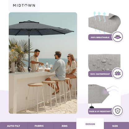 Midtown Umbrellas – The Lean 8 Ft Patio Umbrella with 10-Year-No-Fade Acrylast Acrylic Fabric, Auto-Tilt and 8 Reinforced Ribs for Deck, Pool, Garden, Hotel & Cafes – Stonecast Grey Canopy, Black Pole
