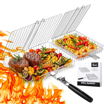 Nesting Grill Baskets, 2PCS Grilling Baskets for Outdoor with Removable Handle, Stainless Steel BBQ Camping Cooking Accessories Tools for Meat Steak Fish Vegetable Shrimp, Gifts for Men Dad Husband