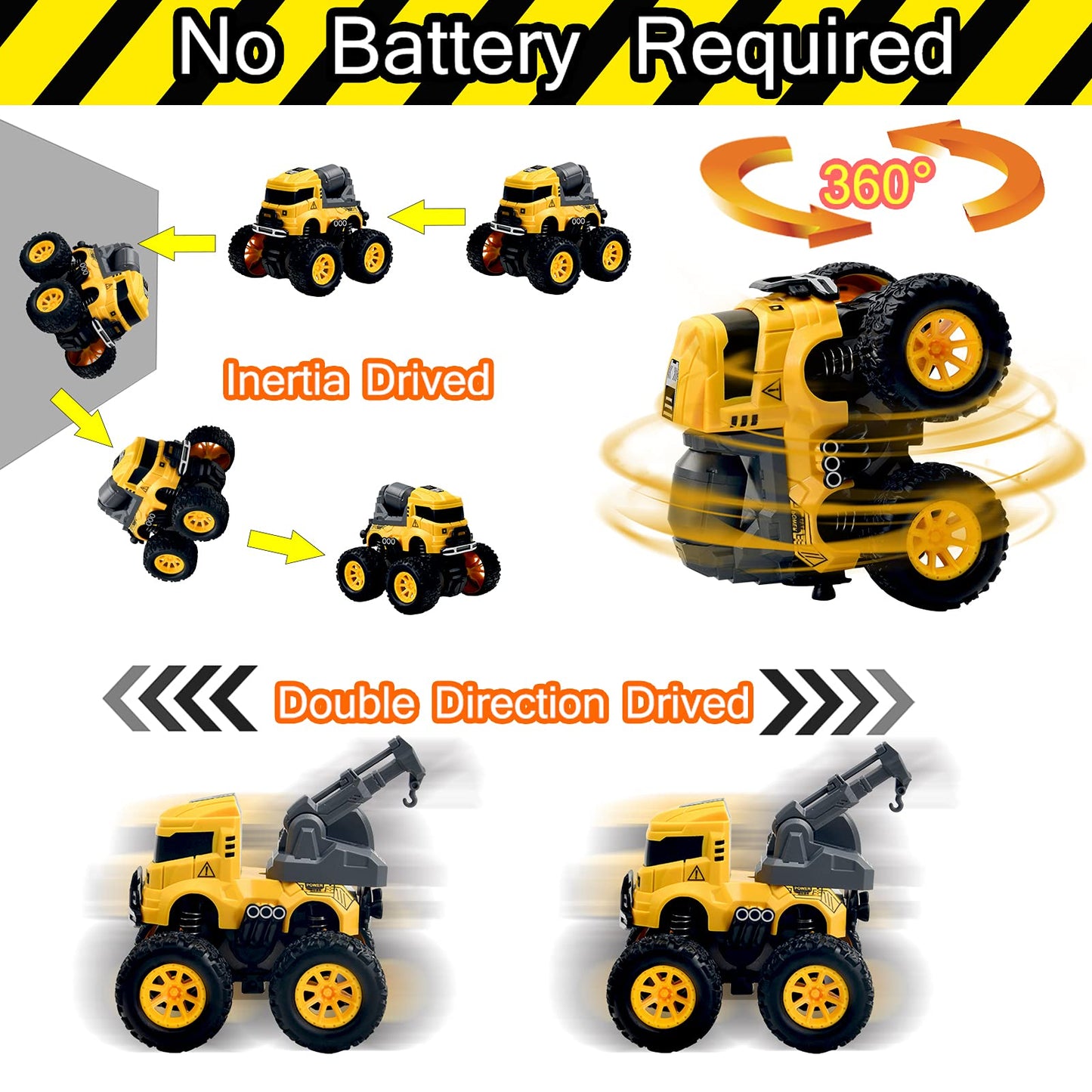 Construction Truck Toys - 4 Pack Excavator, Mixer, Crane, Dump Trucks Push and Go Friction Powered Cars Monster Trucks Vehicles Playset Kids Birthday Party Favors Gifts for 3+ Year Old Boys Girls