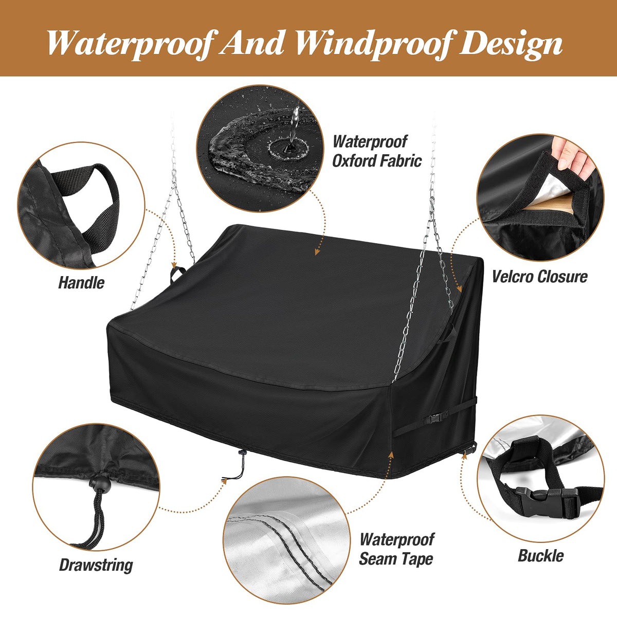 Kasla Porch Swing Seat Cover, Waterproof Swing Covers for Outdoor Patio Swings & Garden Hammock Glider & Hanging Swing Bench (56x28x24/32in)