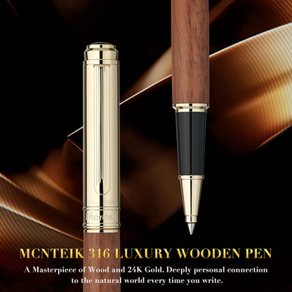 MCNTEIK 316 Luxury Journaling Pen, Nice Natural Wood for Writing, 24K Gold Accents, Schmidt refill, Fancy Rollerball, Gift Set for Men & Women, Executive & Professional Christmas Office, Pens-Rosewood