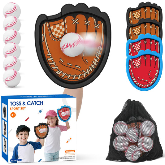 HYES Toss and Catch Ball Game, Outdoor Toys for Kids, Beach Pool Yard Games for Teens & Family, Toddler Baseball Glove Birthday Gifts for 3 4 5 6 7 8+ Year Old Boys & Girls (4 Paddles & 6 Balls)