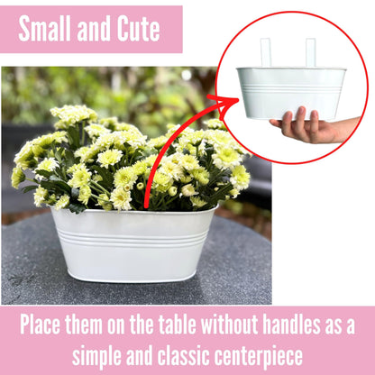 LaLaGreen Outdoor Rail Planter (8 Pack, 9.8 Inch) Small and Cute White Metal Iron Hanging Flower Pots Deck Railings Fence Buckets Countryside Style Wall Mount Window Box Plant Holder Hooks Porch Decor