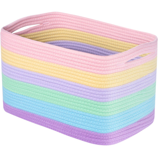 MINTWOOD Design Storage Basket for Shelves, Decorative Baskets for Organizing, Book Basket, Storage Cube Bin Box, Woven Closet Organizer, Pantry Closet and Shoe Basket, Pastel Rainbow