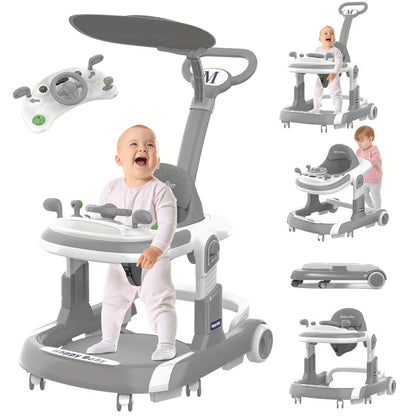 3-in-1 Foldable Baby Walker - Music Car-Themed Walker with Wheels and Bouncing Foot Mat, Push-Behind Walker, Baby Walker with Sheds Design for Outdoor, for Infant Boys & Girls 6-18 Months (Grey)