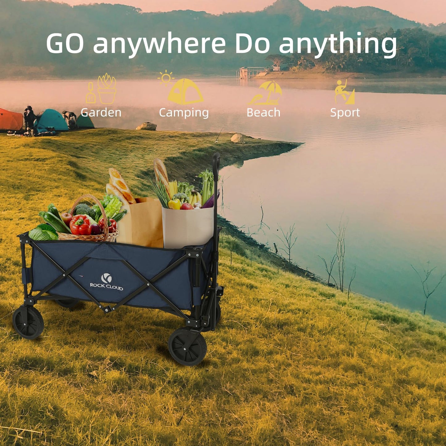 ROCK CLOUD Folding Wagon Cart Utility Outdoor Camping Carry Cart Heavy Duty Portable Collapsible Garden Cart with Universal Wheels and Adjustable Handle for Outdoor Camping Beach Sports
