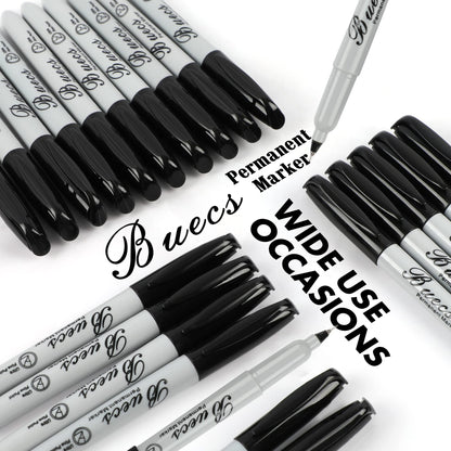 Buecs Permanent Markers, 60 Count Ultra Fine Point Black Permanent Markers, Works on paper, Plastic, Stone, Glass, Metal