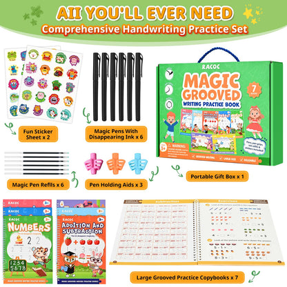 Magic Grooved Writing Practice for Kids, 7 Pack Reusable Grooved Handwriting Workbooks 6 Pens and 6 Refills for Ages 3-5 Kids, Large Writing Practice Books for Preschool Learning Activities