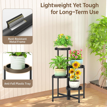 LASZOLA 4 Tiered Plant Stand Indoor Outdoor with Plastic Tray, Corner Folding Tall Flower Display Rack, Modern Plant Holder Shelf for Outdoor Patio Porch Garden Office Living Room, Black