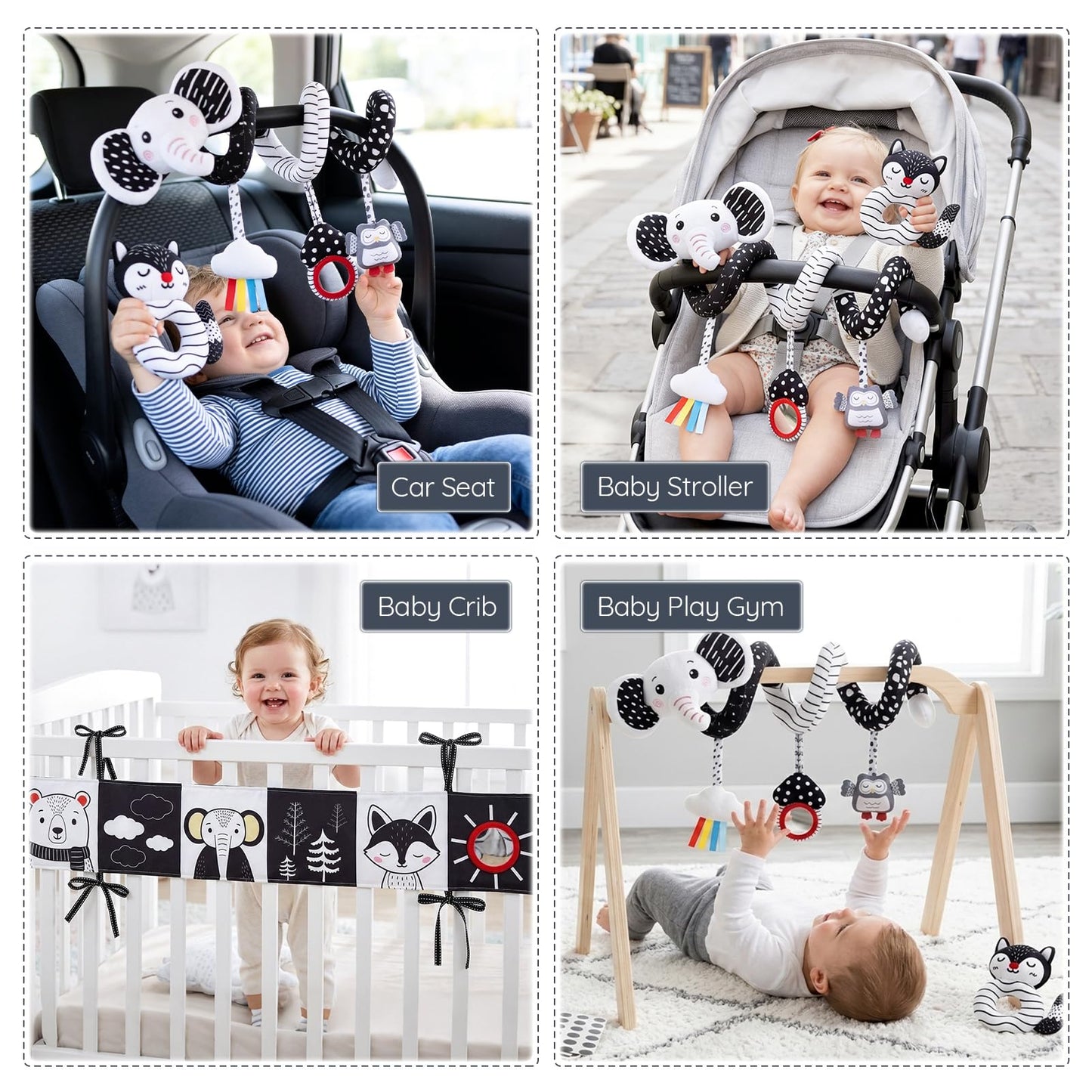 Joyreal High Contrast Baby Toys for Newborn, Black and White Baby Sensory Toys with Car Seat Toys,Infant Toys with Black White Cards Book, Montessori Toys for Baby Gifts (Elephant Theme)