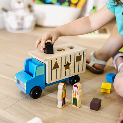 Melissa & Doug Shape-Sorting Dump Truck Wooden Toy with 9 Blocks and 2 Toy Figures - Montessori Toys and Toddler Toys for Preschool Learning Activities