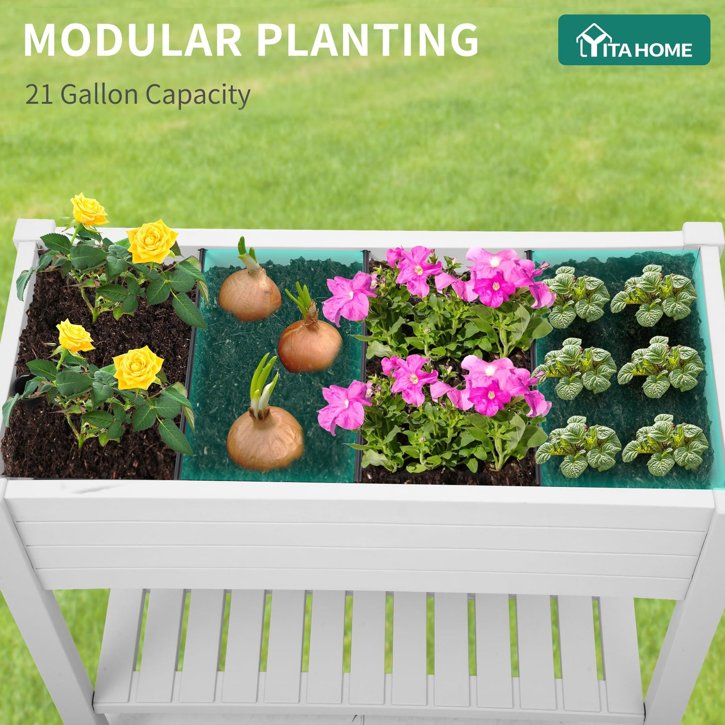 YITAHOME 43.3x17.7x34 in Elevated Garden Bed, Outdoor Plastic Planter Box with Wheels, Legs, Drain Plug, and Storage Shelf for Plants, Vegetables, Flowers, Herbs, Light Brown