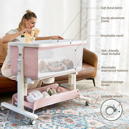 Staroyal Electric Bassinet Baby Cradle 3 Rocking Motion, 3 in 1 Baby Bassinets for Newborn with 5 Heights Adjustable, Girl/boy Automatic Rolling Bedside Sleeper, Pink