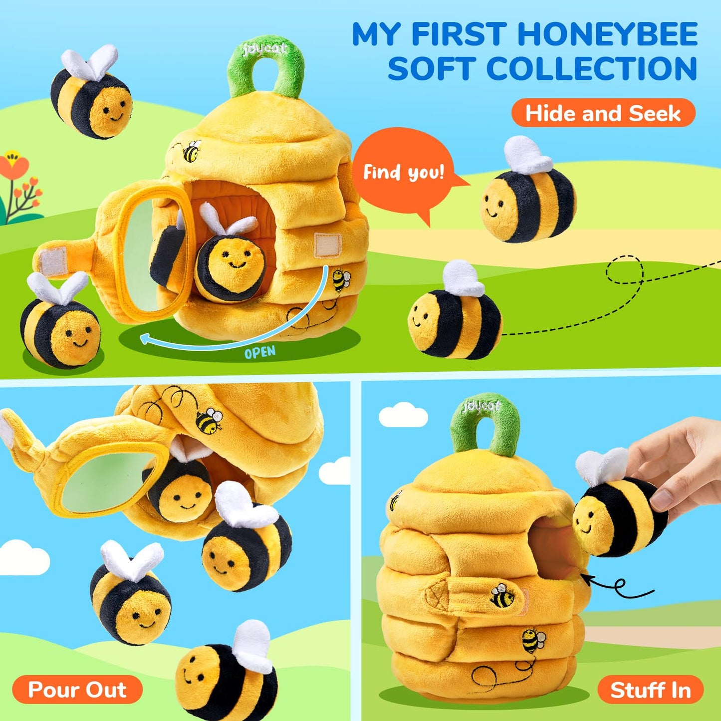 JoyCat Mystery Soft Box+Soft Baby Beehive with 5 Soft Sensory Bees - Honeybee Plush Toy for 0-12 Months - Rattle, Crinkle Paper, Squeaker, Mirror, Busy Toy for Babies 6-12 Months, 0-3 Years Old