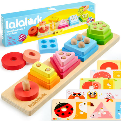 lalalark Montessori Toys for 1 2 3 Year Old Boy Girl, Wooden Sorting & Stacking Toys, Shape Sorter Baby Toy, Tactile & Sound Wooden Chunky Puzzles for Baby 2-4, Musical Farm Animal Toys