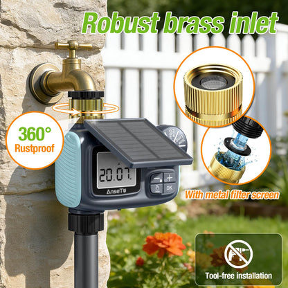 AnseTo Solar Sprinkler Timer, Solar & Type-C Rechargeable Water Timer for Garden Hose, Programmable Faucet System with Rain Delay/Manual/Auto Mode, Digital Irrigation Controller for Lawn/Yard/Pool