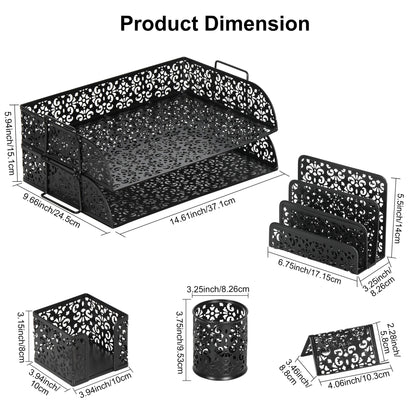 EasyPAG Desk Organizers and Accessories 5 Pieces Office Supplies Set - 2 Tier Paper Tray, Pencil Organizer for Desk, Mail Sorter Countertop, Business Card Holder and Sticky Note Holder, Black