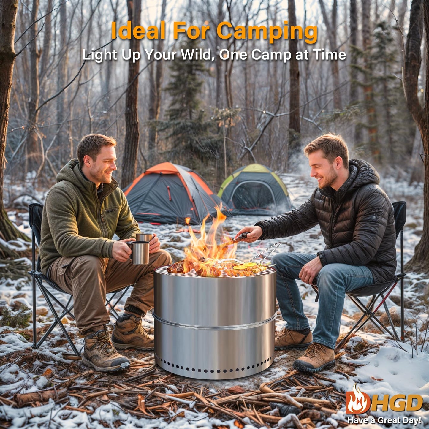 HGD 19.5 Inch Smokeless Firepit with Grill, Portable Wood Burning Fire Pit for Camping & Backyard, Stainless Steel Outdoor Fireplace with Travel Bag, Easy Setup & Compact Storage - Foldable Design