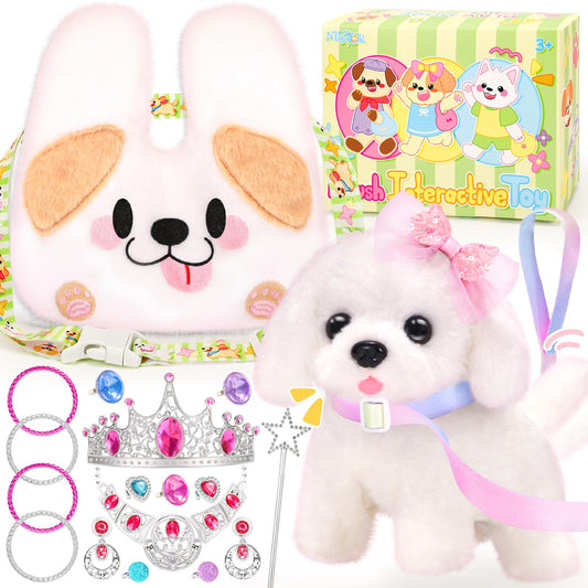 NINAOR Plush Dog Toys for Kids with Crossbody Bags Princess Jewelry, Robot Puppy with Leash Walking Barking, Pretend Play Dress Up Interactive Stocking Stuffers for Toddler Girl Toys Birthday Gifts