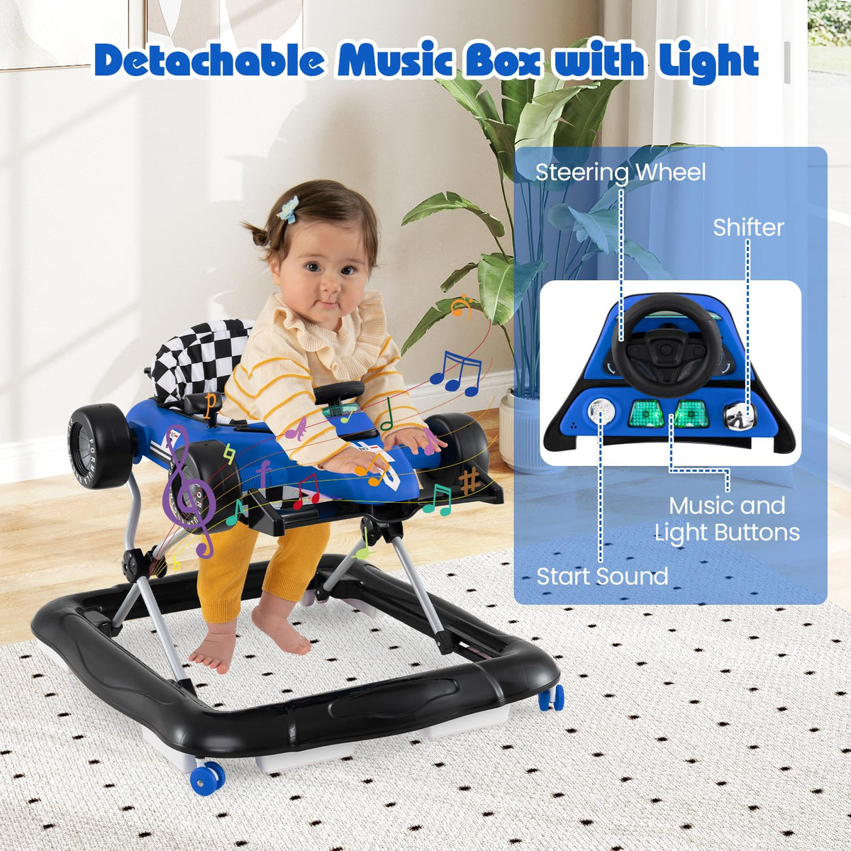 HONEY JOY Baby Walker, 4-in-1 Foldable Infant Activity Push Walker, Toddler Car Walker with Adjustable Heights, Music, Lights, Padded Seat, Baby Walker with Wheels for Boys Girls 6-18 Months (Blue)