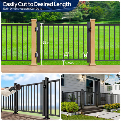 Egadis 4 ft. W Aluminum Deck Gate Kit for 36in. H Railing, Cuttable Black Textured AAMA2604 Powder-Coat Finish Outdoor Gate Kit with Latch and Auto-Closing Hinge for Deck, Patio, Garden, Yard, Porch