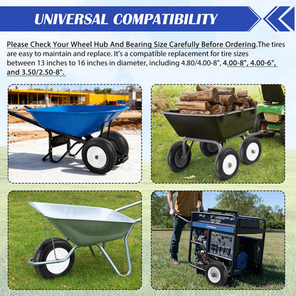 4.80/4.00-8 Tire, 14.5" Flat-free Solid Tire Wheels with 5/8" Axle Bore Hole, 3-7" Centered Hub, Universal Fit 4.80/4.00-8, 3.50/3.00-8, 4.00-6 Wheelbarrow Wheels(White, 1 Pack)
