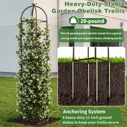 Heavy Duty 8.4 FT Garden Obelisk Trellis for Climbing Plants Outdoor, Rust-Resistant Large Metal Plant Support Tower with Bird Topper & Ground Stakes, Yard Art Decor for Roses Clematis Vines (Bronze)