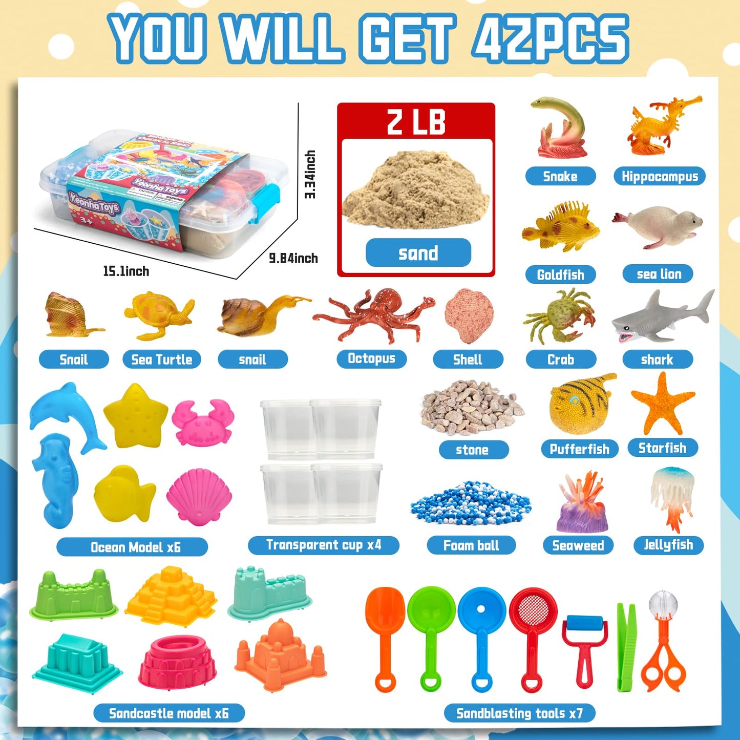 Ocean&Sand Sensory Bin with Lid, 42 Pcs Sensory Sand Kit with Sea Animals for Kids, Birthday Christmas Gifts for Boys Girls, Preschool Learning Activities Tools Box, Outdoor Sandbox Toys for Toddlers